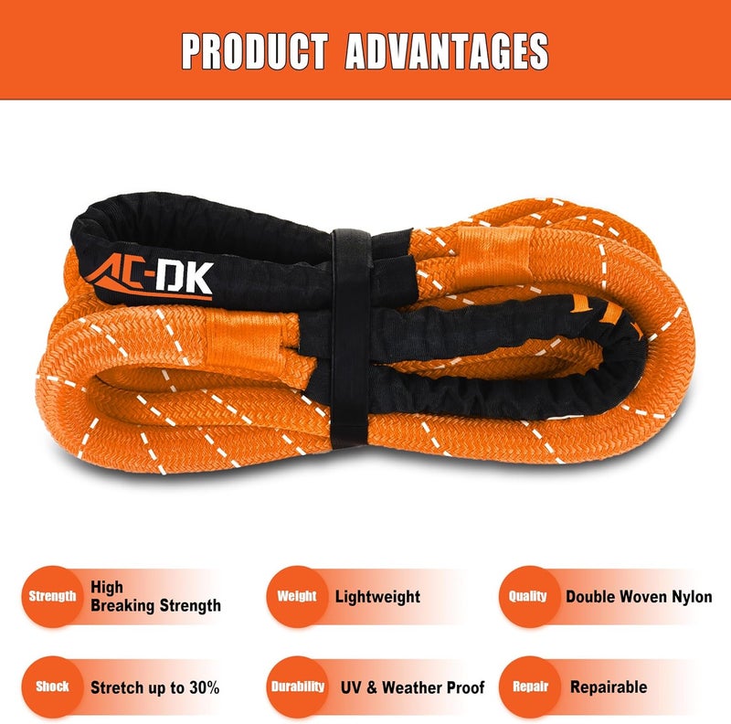 AC-DK Kinetic Recovery Rope (1in x 30ft ‎Yellow) 48000lbs Snatch Strap,Heavy Duty Stretch Nylon Towing Ropes with 2pcs Soft Shackles for Offroad Vehicle,Jeep,SUV,ATV,UTV,Tractor Elastic Ropes Kit - Image 2